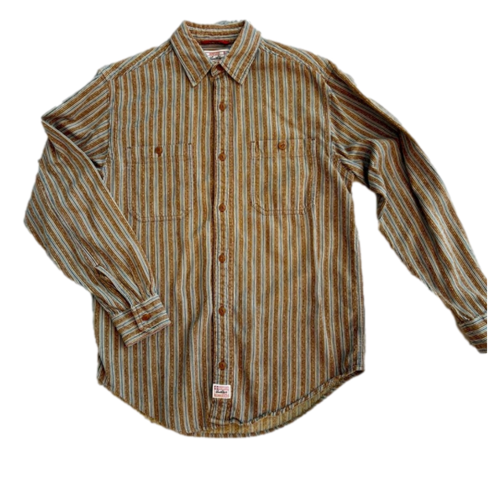 Levi Strauss Vintage Denim Button Down Shirt Tan Brown Blue Stripes Rodeo Shirt